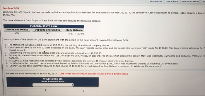  CALCULATOR FULL SCREEN PRINTER VERSION 4 Problem 7-5A Wildhorse Co. of