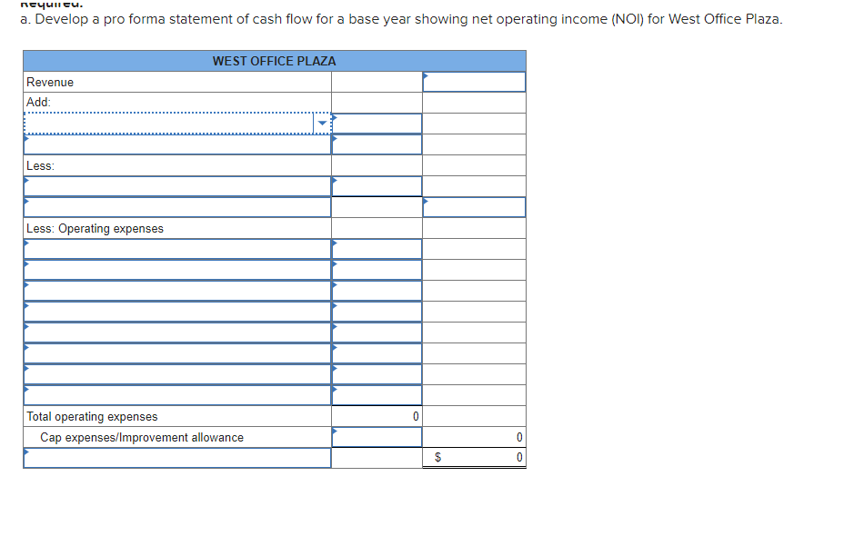 cash flow for West Office Plaza. The information given to you is