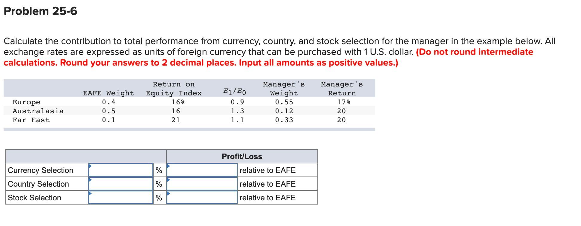 Problem 25-6 Calculate the contribution to total performance from currency, country,