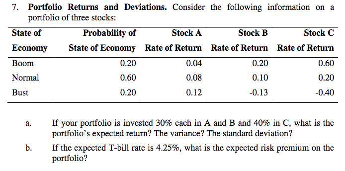 On a calculator 7. Portfolio Returns and Deviations. Consider the following