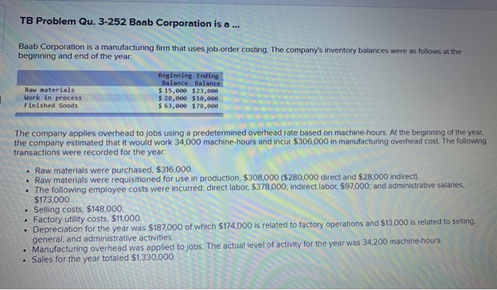  TB Problem Qu. 3-252 Baab Corporation is a ... Baab Corporation