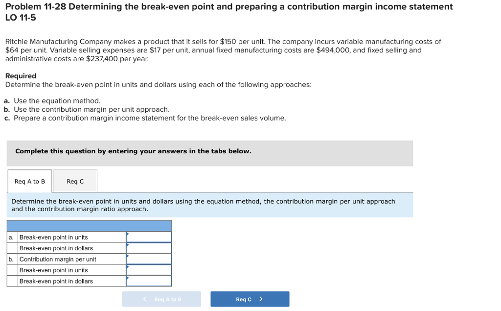  Problem 11-28 Determining the break-even point and preparing a contribution margin