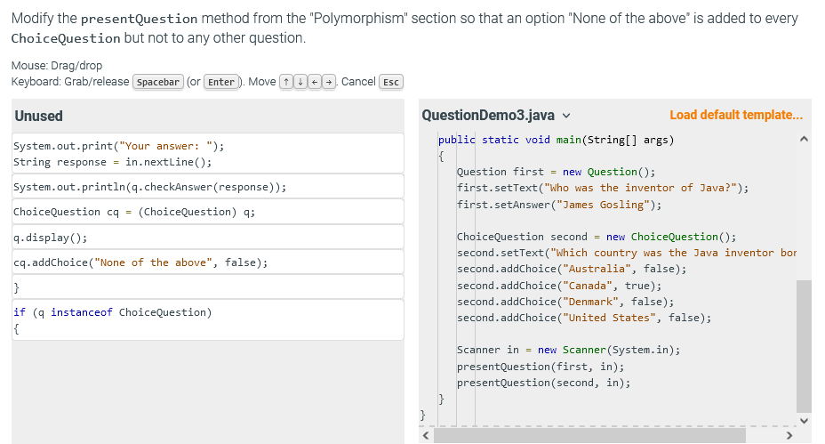 Modify the presentQuestion method from the "Polymorphism" section so that an