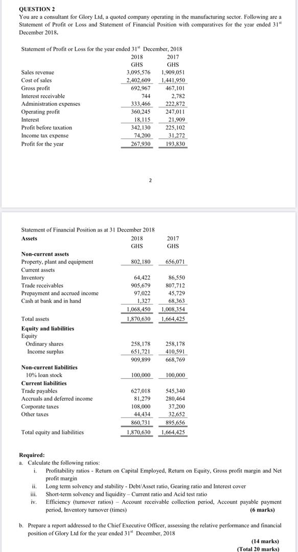  QUESTION 2 You are a consultant for Glory Ltd, a quoted