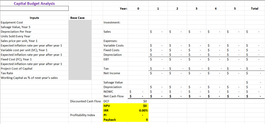 Based on the inputs below prepare a capital budget analysis for this
