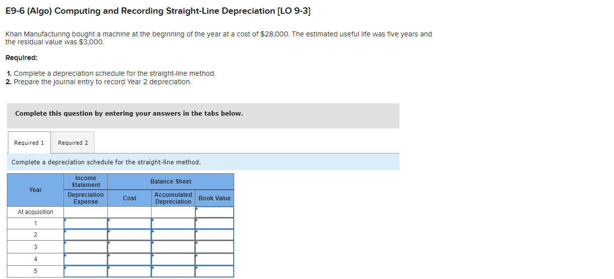  E9-6(Algo) Computing and Recording Straight-Line Depreciation [LO 9-3] Khan Manufacturing bought