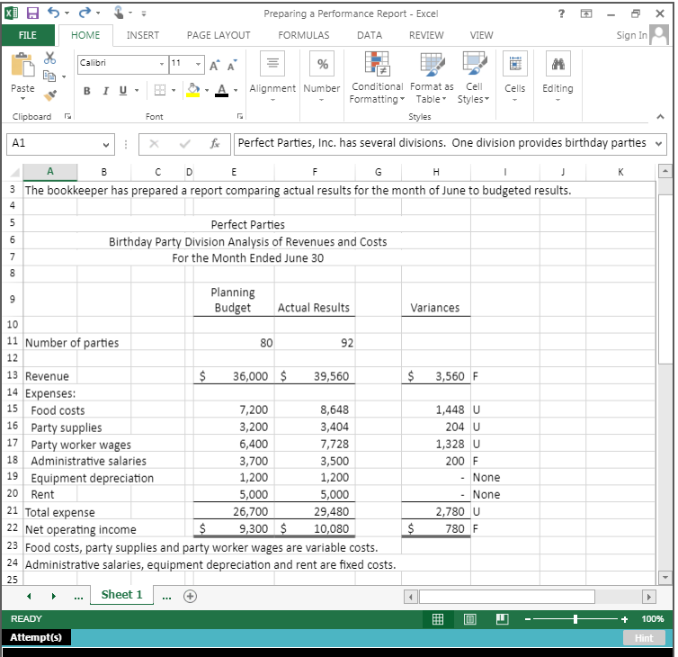 Controlle you prepare the Birthday Party cluded in the Excel Simulation and