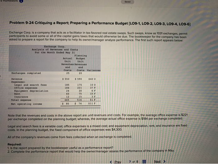  omework Saved Problem 9-24 Critiquing a Report; Preparing a Performance Budget