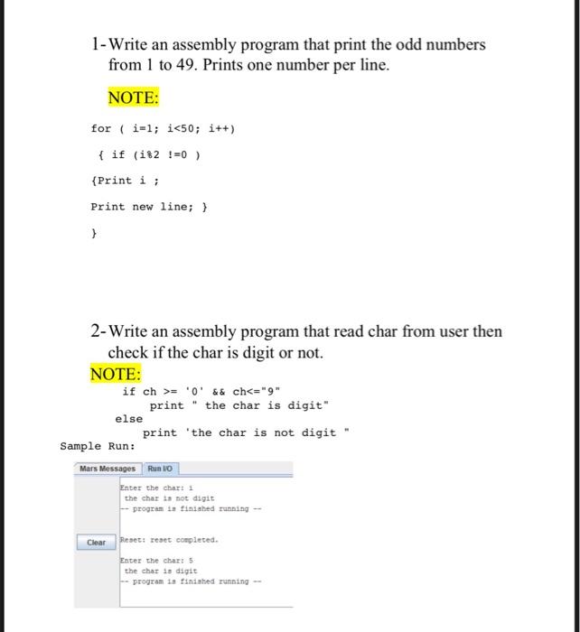 MIPS 1- Write an assembly program that print the odd numbers from