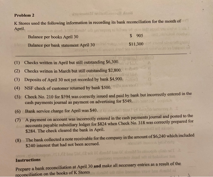  Problem 2 K Stores used the following information in recording its