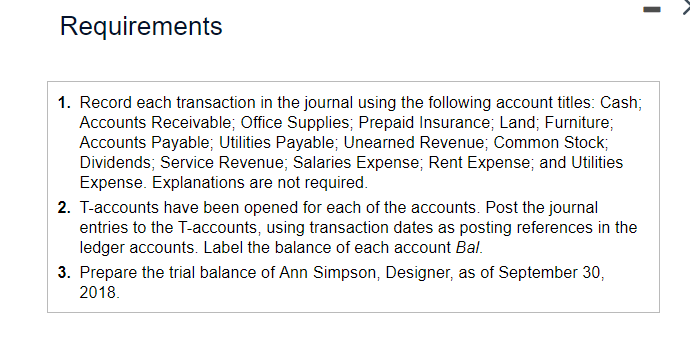 Requirements 1. Record each transaction in the journal using the following