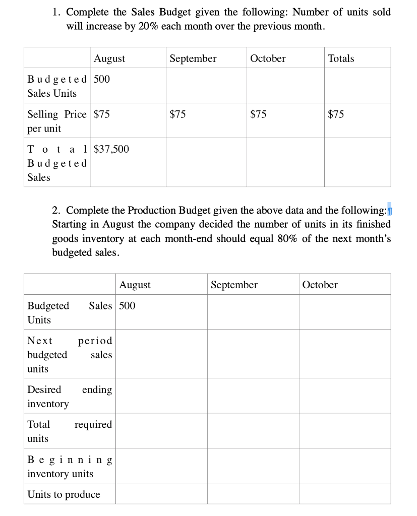 pLEASE ANSWER BOTH PART 1 AND PART 2 1. Complete the Sales