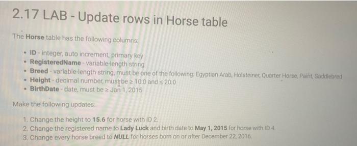can you help fix the error 2.17 LAB - Update rows in