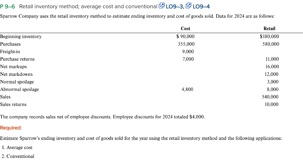  9-6 Retail inventory method; average cost and conventional LO9-3, LO9-4 iparrow