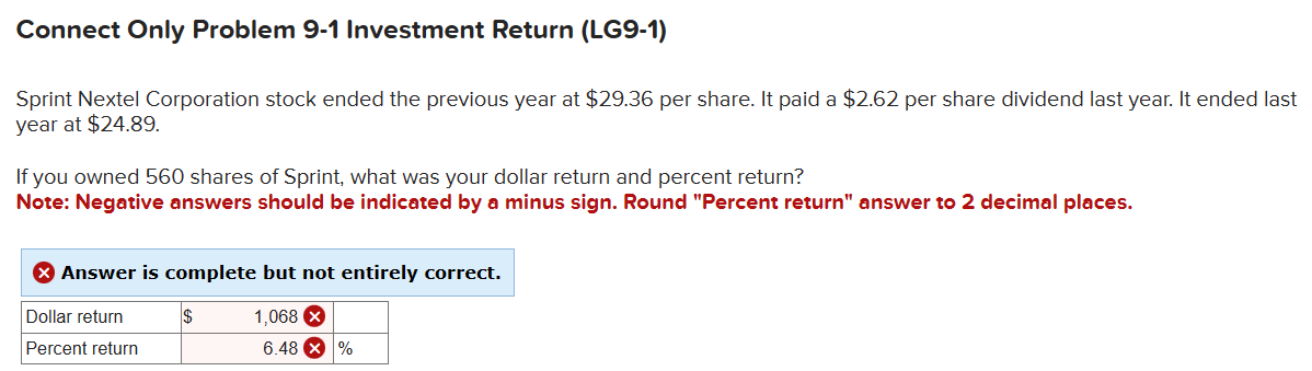  Connect Only Problem 9-1 Investment Return (LG9-1) Sprint Nextel Corporation stock