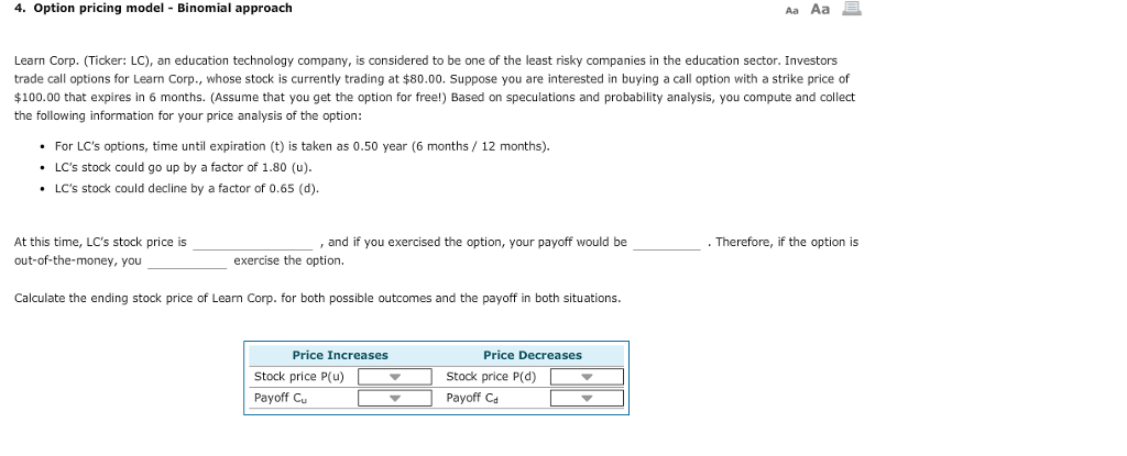  Aa Aa E. 4. option pricing model Binomial approach Learn Corp.