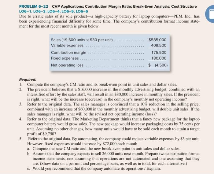  PROBLEM 6-22 CVP Applications; Contribution Margin Ratio; Break-Even Analysis; Cost Structure