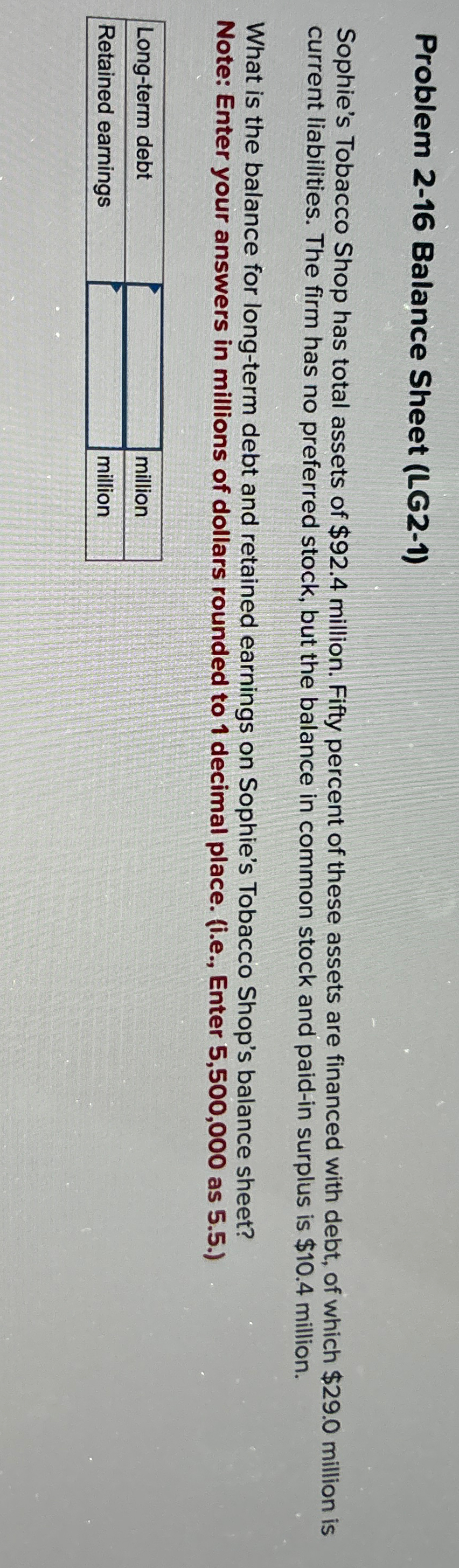  Problem 2-16 Balance Sheet (LG2-1) Sophie's Tobacco Shop has total assets