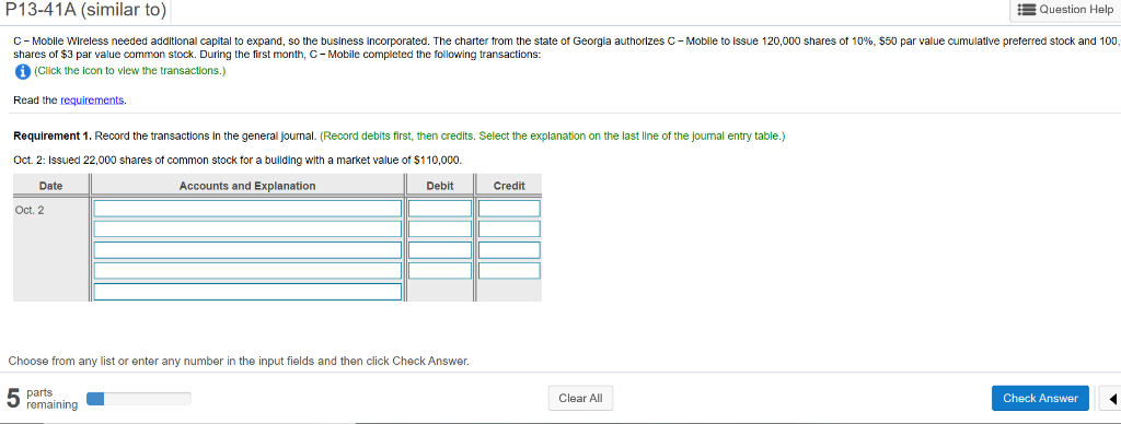  P13-41A (similar to Question Help C Mobile Wireless needed additional capital