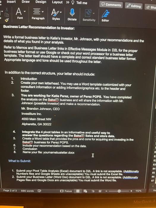 the appropriate pivot tables needed to provide the appropriate information for the