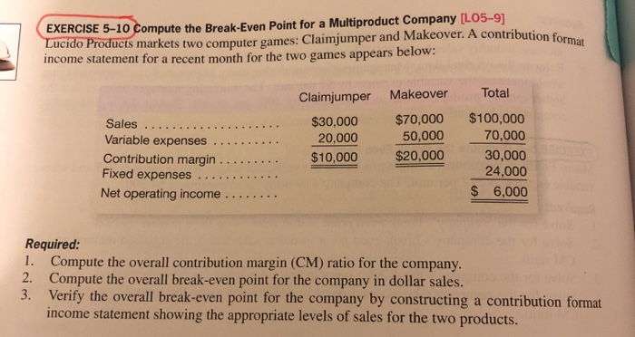  ntribution format EXERCISE 5-10 Compute the Break-Even Point for a Multiproduct