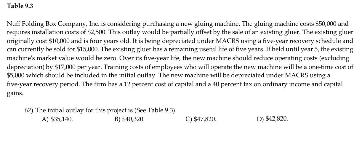  Table 9.3 Nuff Folding Box Company, Inc. is considering purchasing a