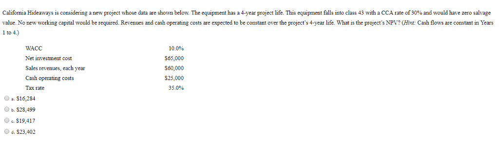 California Hideaways is considering a new project whose data are shown