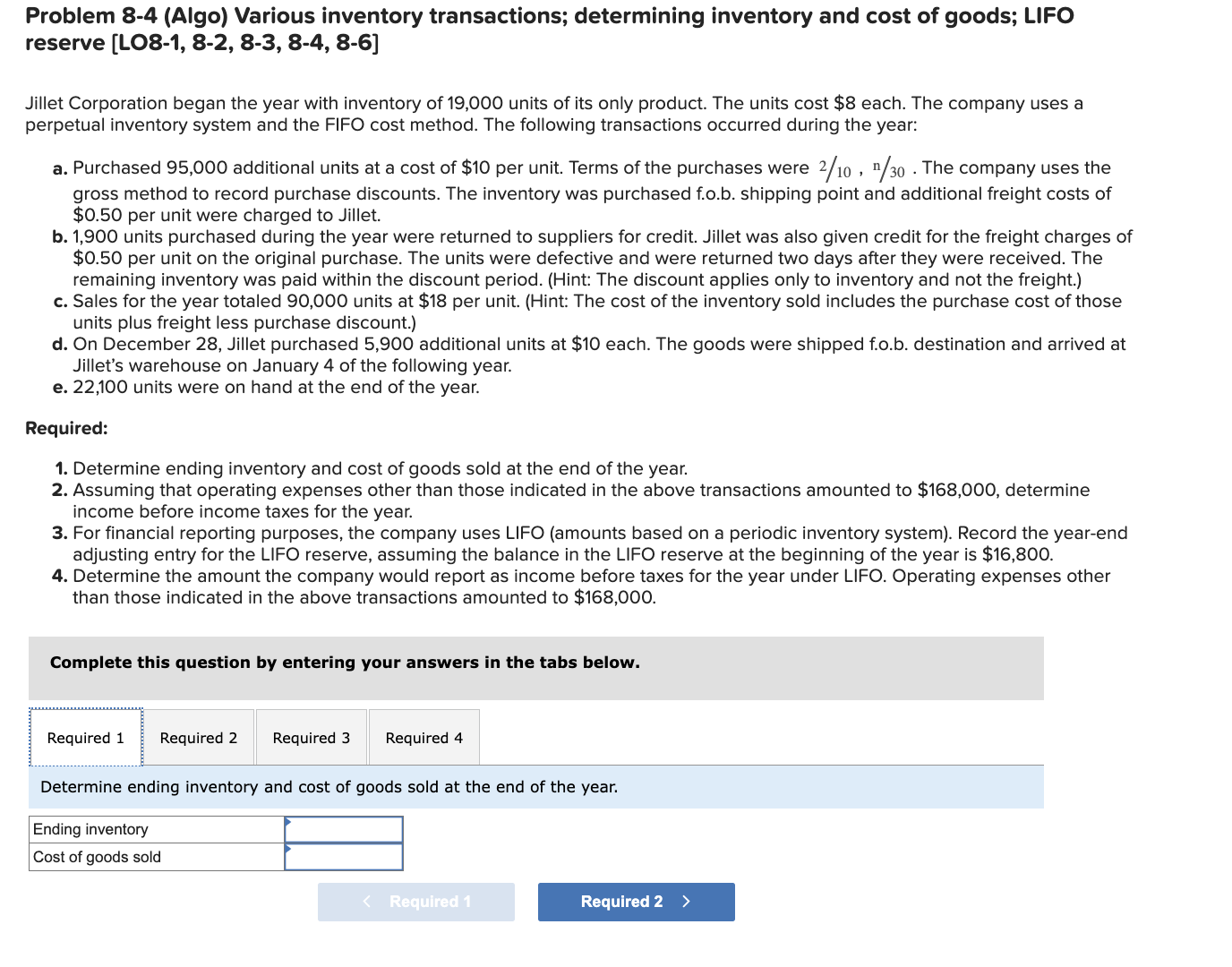  Problem 8-4 (Algo) Various inventory transactions; determining inventory and cost of