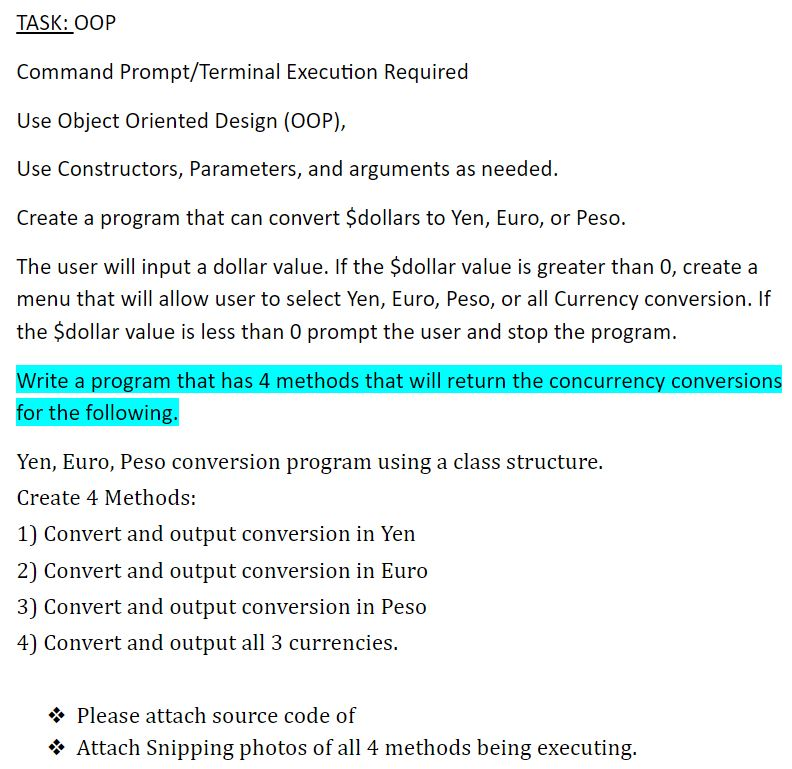 Need help on C++ H/W. Thanks TASK:OOP Command Prompt/Terminal Execution Required Use