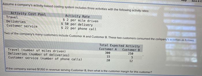  Assume a company's activity-based costing system includes three activities with the