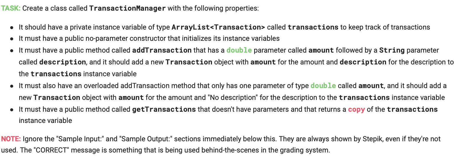 In java TASK: Create a class called Transaction Manager with the following