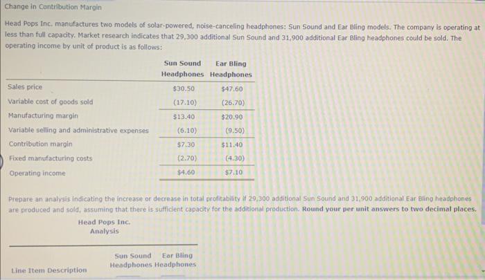  Change in Contribution Margin Head Pops Inc, manufactures two models of