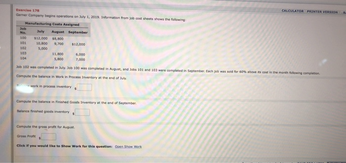  CALCULATOR PRINTER VERSION B Exercise 178 Garner Company begins operations on