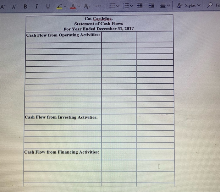 for Cat Castle Incorporated prepare their statement of cash flows for December