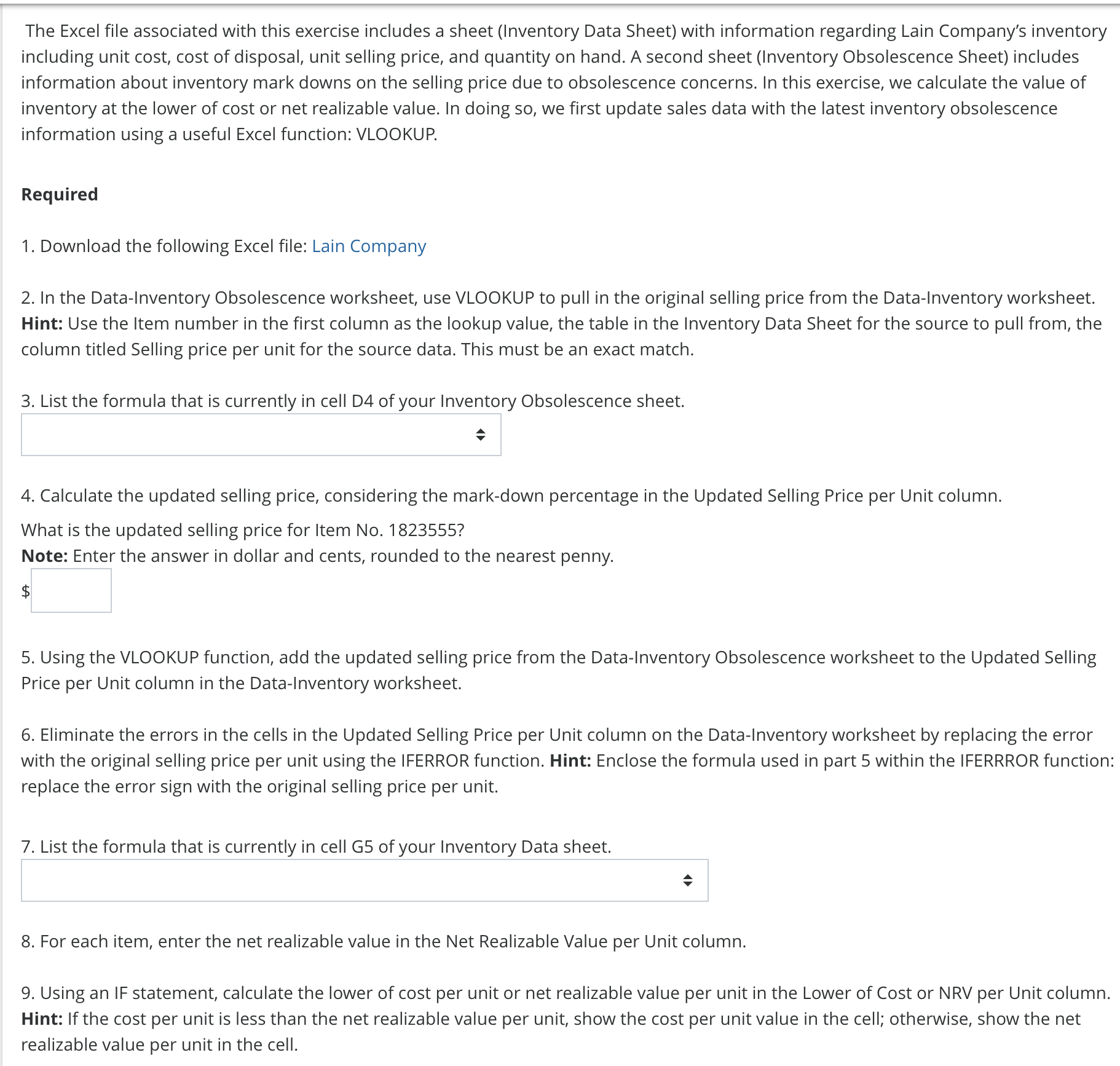  The Excel file associated with this exercise includes a sheet (Inventory