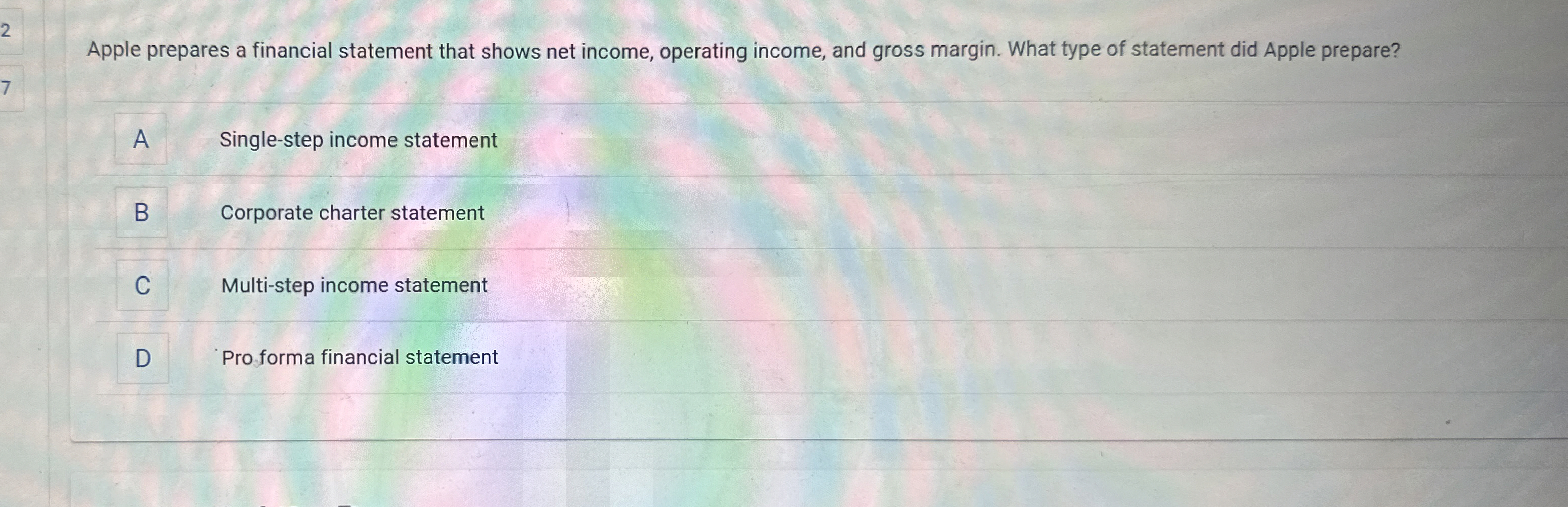  Apple prepares a financial statement that shows net income, operating income,