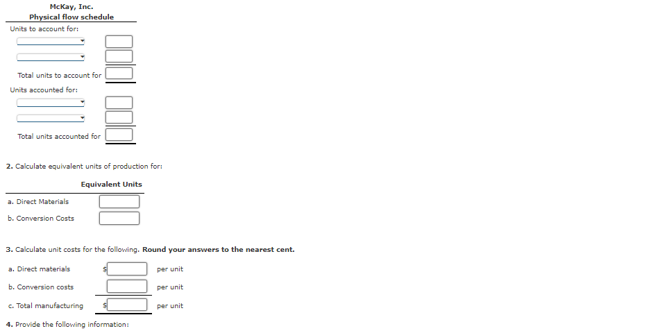prescriptive, predictive). Select one per blank. Physical Flow, Equivalent Units, Unit Costs,
