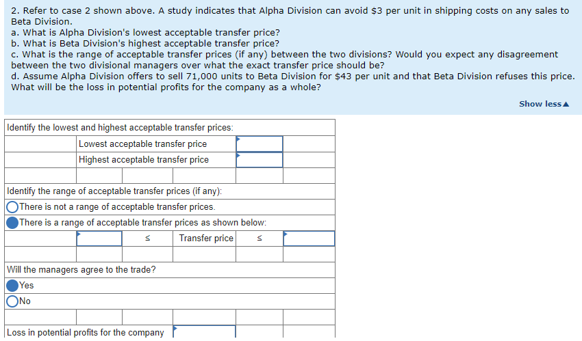 information relative to the two divisions: Case 1 2 3 51,000 286,000