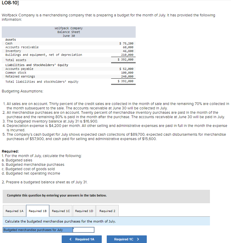 merchandising company that is preparing a budget for the month of July.