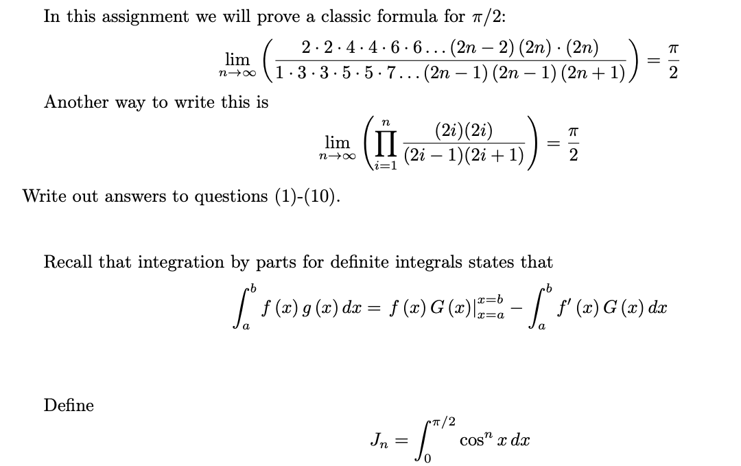 (3) Use integration by parts to create a recursion formula for Jn.