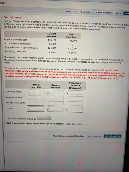  ent CALCULATOR FULL SCREEN PRINTER VERSION BACK NE Exercise 20-14 Johnson