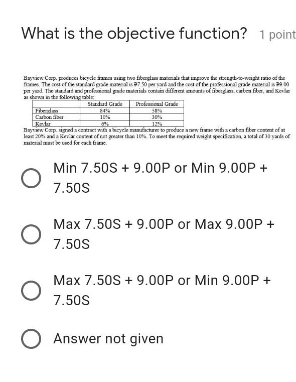 What is the objective function? 1 point Bayview Corp. produces bicycle
