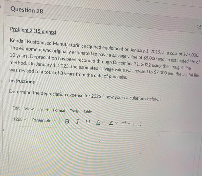  Problem 2 (15 points) Kendall Kustomized Manufacturing acquired equipment on January