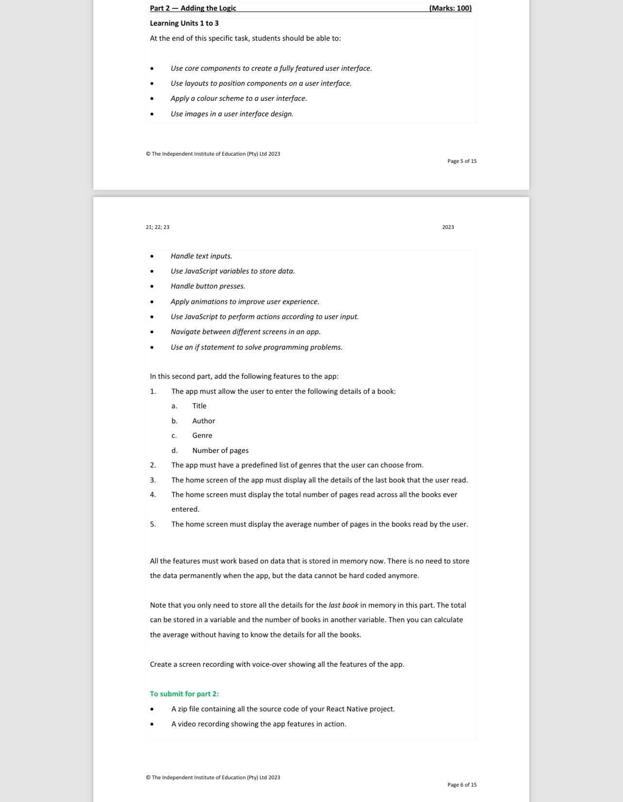  Part 2- Adding the Logic (Marks: 100) Learning Units 1 to
