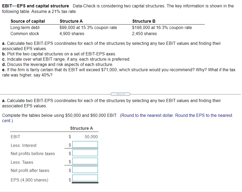 EBITEPS and capital structure Data-Check is considering two capital structures. The