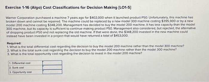  Exercise 1-16 (Algo) Cost Classifications for Decision Making [LO1-5] Warner Corporation