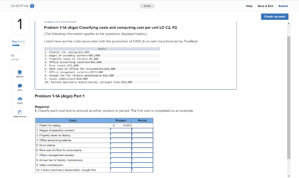 costs associated with the production of 1,000 drum sets manufactured by TrueBeat.