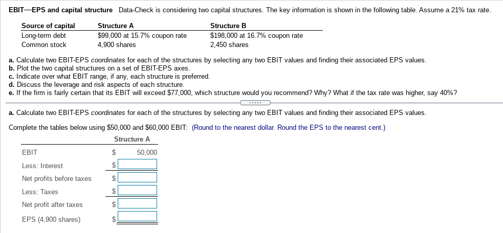  EBITEPS and capital structure Data-Check is considering two capital structures. The