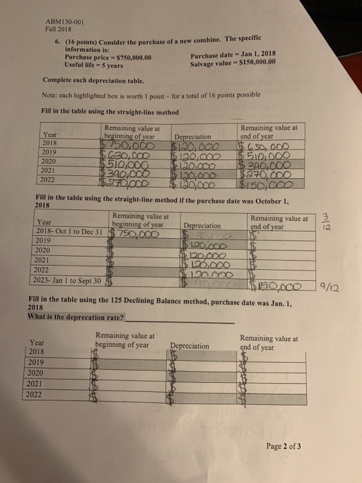  2nd table & depreciation rate please! ABM130-001 Fall 2018 points) Consider