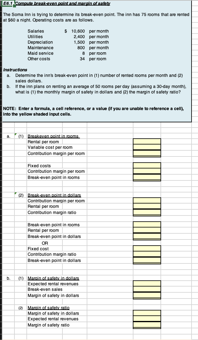  E6-1 Compute break-even point and margin of safety The Soma Inn